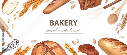 Bakery of wheat flour product. Bread, loaf of rye and french baguette, buns, croissant and wooden rolling pin. Watercolor frame hand-drawn illustration isolated on white background.