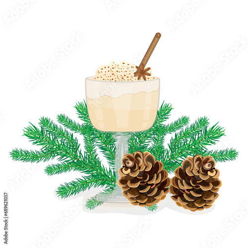 Eggnog, fir cone and twig on white background. Winter drink and christmas decoration.Pine branch and glass of eggnog with cinnamon stick.Cocktail with milk, cinnamon and clove star.Vector illustration