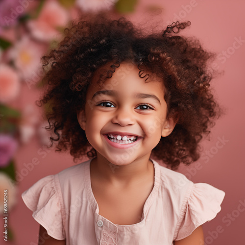 Jeune enfant souriant capturant la jeunesse, sur un fond rose