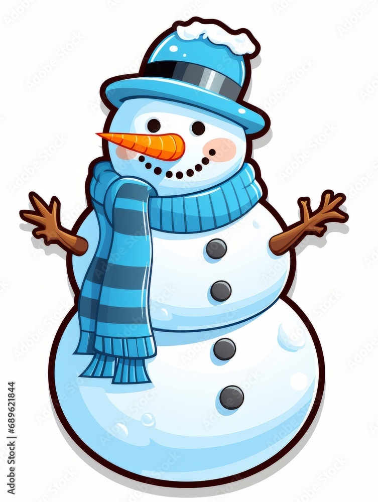 Snowman sticker with a scarf and hat on his head. The expression of a smile, AI Snowman sticker with a scarf and hat on his head. The expression of a smile, AI