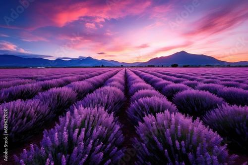 Lavender Field at Sunset with Majestic Mountain Backdrop