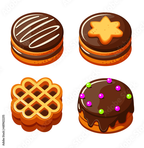 Set of chocolate sandwich cookies with filling isolated on white background. Chocolate desserts in cartoon style. Vector cartoon illustration in eps 10
