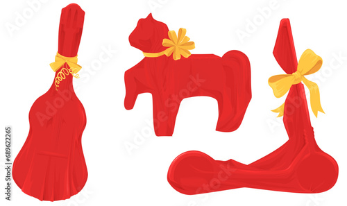 Different present wrapped in red paper with bow isolated set