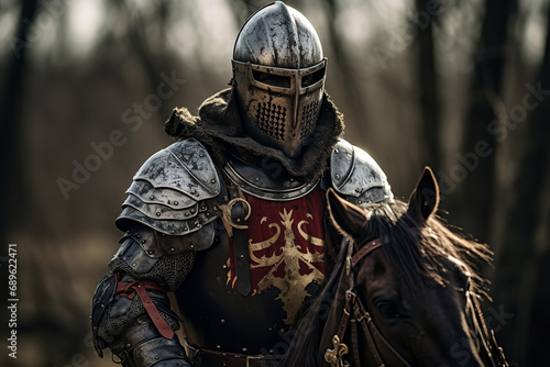 Noble royal knight in full armor riding a horse - epitomizing bravery and honor from the medieval era.