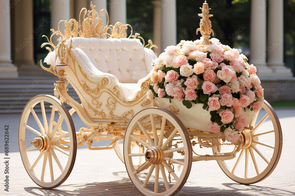 Royal wedding carriage adorned with flowers