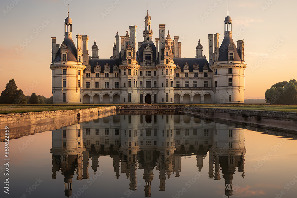 Grand castle bathed in sunrise - symbolizing historical royal elegance - showcasing serene yet powerful royal heritage.