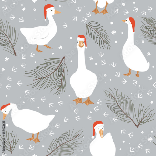 Seamless pattern of geese and geese paws imprints. Winter background with snow and pine branches. Vector illustration in cartoon style