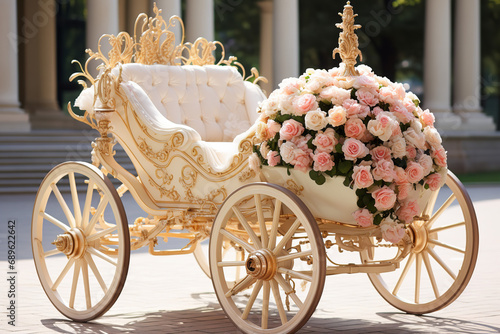 Royal wedding carriage adorned with flowers