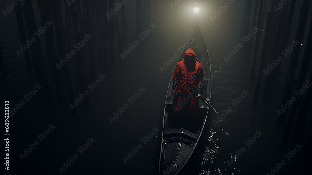 Faceless gondolier at night in red clothes - obrazy, fototapety, plakaty 