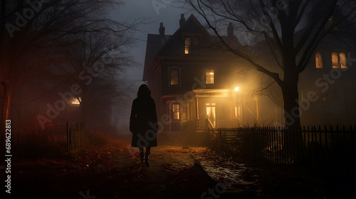 Girl in a dark neighborhood at night