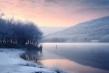 Mystical Winter Fog over Lake at Dawn