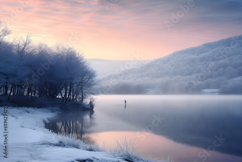 Mystical Winter Fog over Lake at Dawn