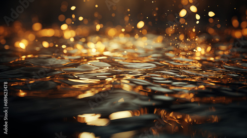Golden waves. Dark golden theme background with golden liquid and reflection photo