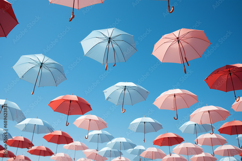 group of umbrellas soaring against a clear blue sky, symbolizing a sense of freedom and liberation. Use dynamic angles to convey movement and create a photo that celebrates the joy