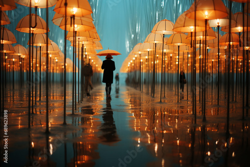 reflection of floating umbrellas in a body of water, creating a surreal and mirror-like effect. Enhance the dreamy quality of the photo to turn it into a captivating visual illusio photo