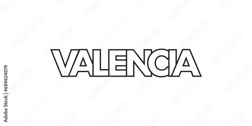Valencia in the Spain emblem. The design features a geometric style, vector illustration with bold typography in a modern font. The graphic slogan lettering. Valencia in the Spain emblem. The design features a geometric style, vector illustration with bold typography in a modern font. The graphic slogan lettering.