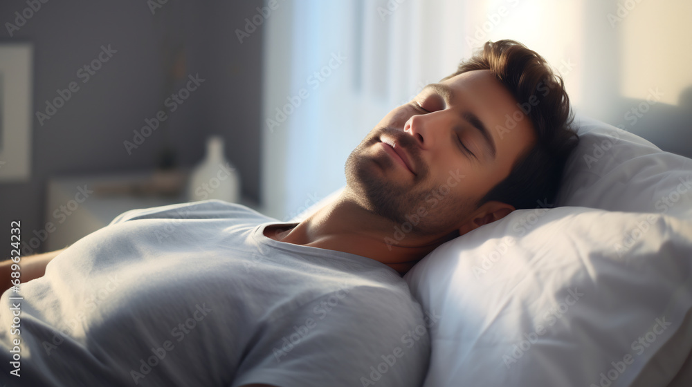 Man sleeping on a comfortable bed in morning rest for healthy wellness and relaxing in the morning