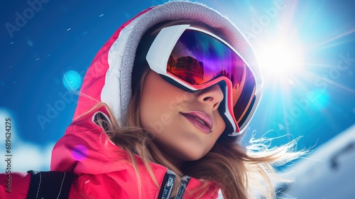 Portrait of smiling female skier with goggles on blue sky background on sunny winter day. Woman with ski goggles and colorful clothing. Fashion winter vacations concept. photo