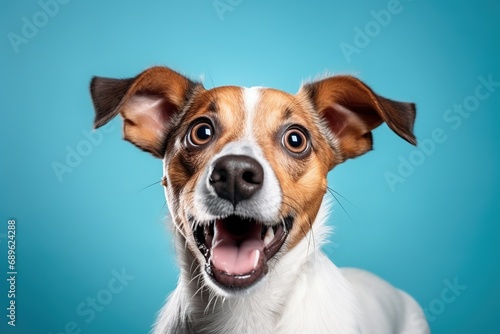 Portrait of Funny and Excited Dog on blue Background with Shocked, Surprised Expression © Boraryn