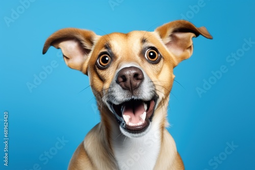 Portrait of Funny and Excited Dog on blue Background with Shocked, Surprised Expression © Boraryn