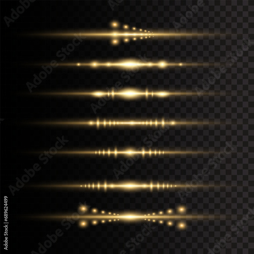 Yellow glowing light explodes on a transparent background. Sun rays. Laser beams, horizontal light rays. Beautiful light flares. Vector illustration