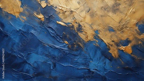 A blue wall with dabs of gold paint. Abstract background. Contemporary art