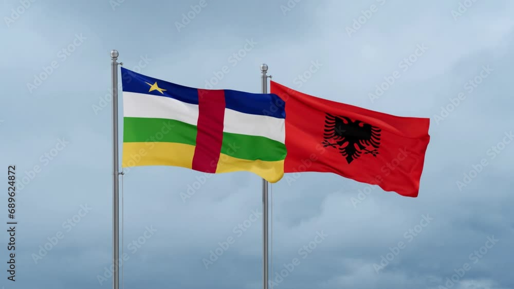 Central Africa flag and Albania flag waving together on cloudy sky, endless seamless loop Central Africa flag and Albania flag waving together on cloudy sky, endless seamless loop
