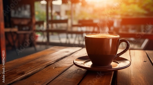 Mug of hot coffee or chocolate above the sheet on a wooden table with blurred coffee shop background. Generative AI photo