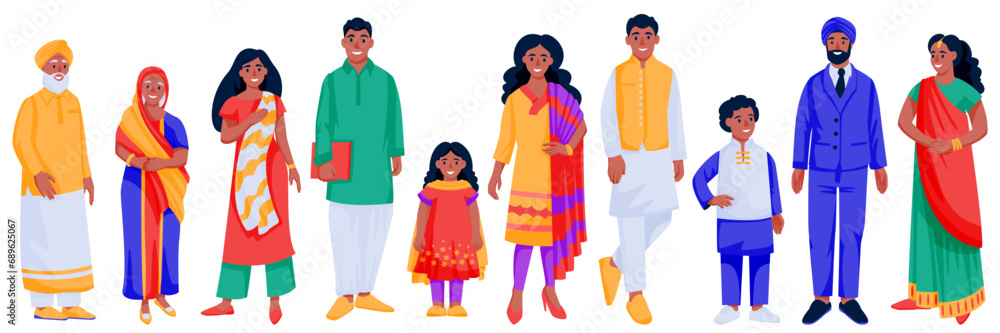 Indian people in traditional clothing set. Vector cartoon characters illustration. Family, kids, seniors, men and women - obrazy, fototapety, plakaty 