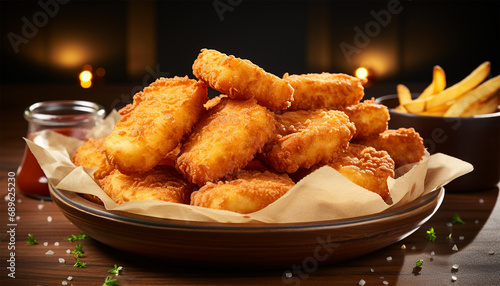 Chicken nuggets in cardboard box food delivery service. Fried chicken legs in cardboard box package fast food take away delivery illustration. Crispy appetizing golden poultry limbs hot crunchy nugget photo
