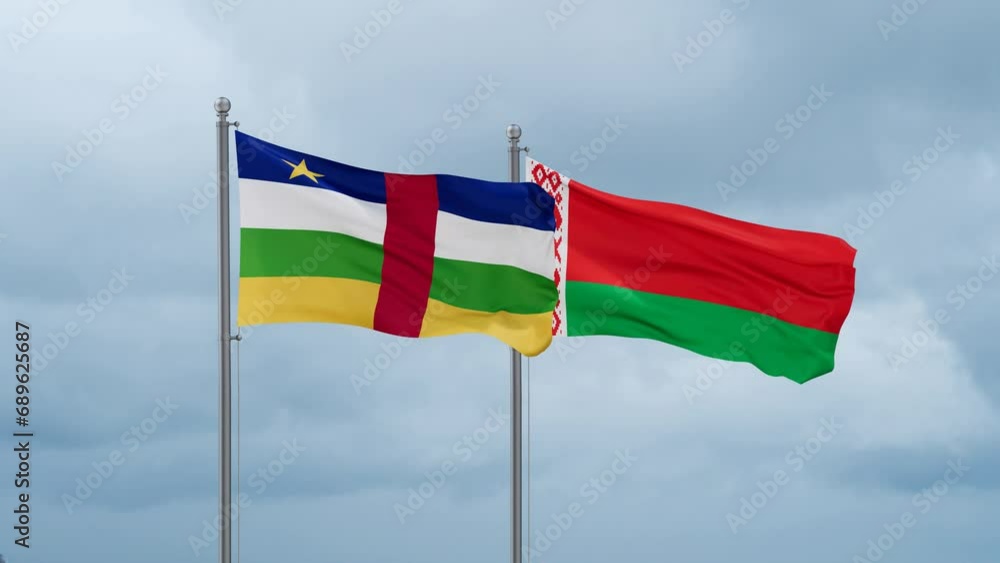 Belarus and Central Africa flag waving together on cloudy sky, endless seamless loop, two country cooperation concept Belarus and Central Africa flag waving together on cloudy sky, endless seamless loop, two country cooperation concept