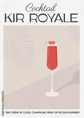 Kir Royale Cocktail with champagne in flute glass garnish with raspberry. Classic alcoholic beverage recipe modern print. Summer french aperitif. Contemporary poster for bar menu. Vector illustration.