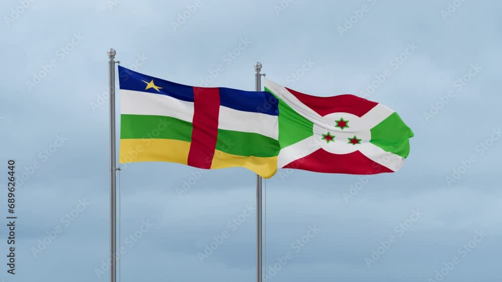Burundi flag and Central Africa flag waving together on cloudy sky, endless seamless loop, two country relations concept Burundi flag and Central Africa flag waving together on cloudy sky, endless seamless loop, two country relations concept