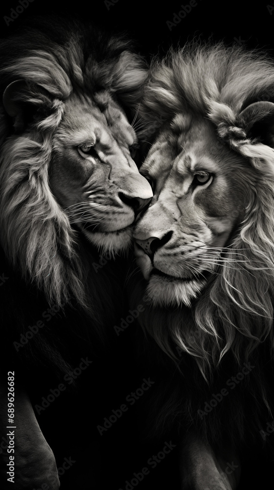 Black and white portrait of two lions.