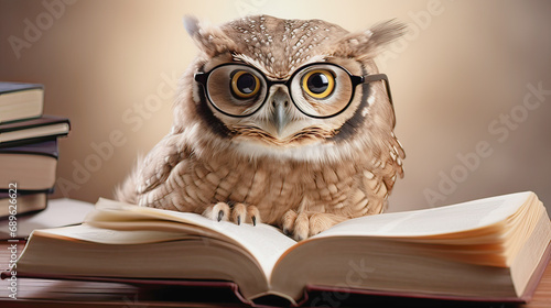 A smart owl with glasses on a colored background reads a book  © Tereza