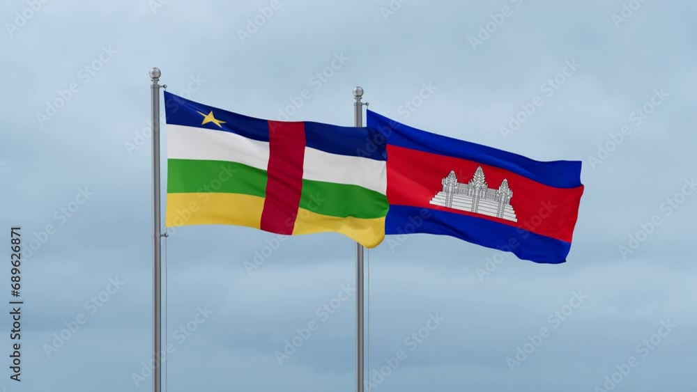 Cambodia flag and Central Africa flag waving together on cloudy sky, endless seamless loop, two country relations concept Cambodia flag and Central Africa flag waving together on cloudy sky, endless seamless loop, two country relations concept