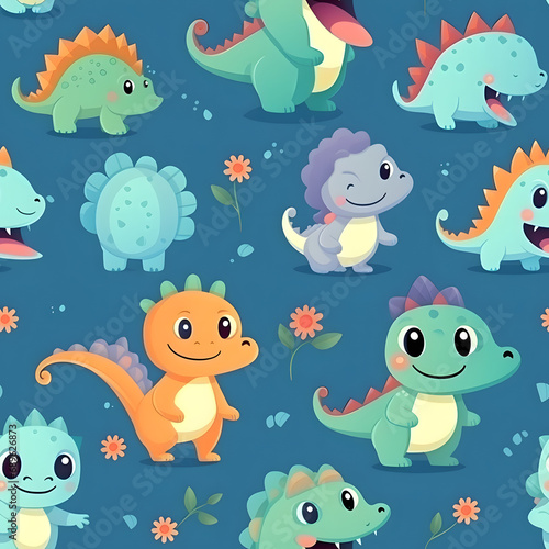 Cute dinosaur cartoon seamless pattern background. © Pacharee