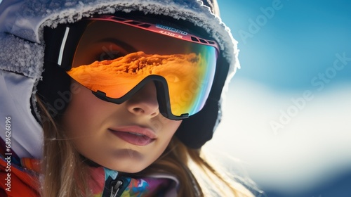 Portrait of smiling female skier with goggles on blue sky background on sunny winter day. Woman with ski goggles and colorful clothing. Fashion winter vacations concept. © radekcho