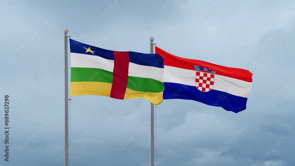 Croatia and Central Africa flag waving together on cloudy sky, endless seamless loop, two country cooperation concept Croatia and Central Africa flag waving together on cloudy sky, endless seamless loop, two country cooperation concept