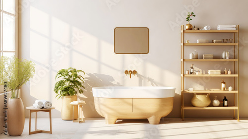 Bath room interior design. Cozy empty modern bathroom background with white bathtub and panoramic windows. Generative AI