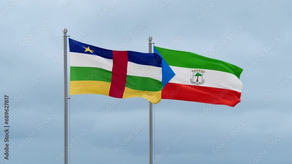 Equatorial Guinea flag and Central Africa flag waving together on cloudy sky, endless seamless loop, two country relations concept Equatorial Guinea flag and Central Africa flag waving together on cloudy sky, endless seamless loop, two country relations concept