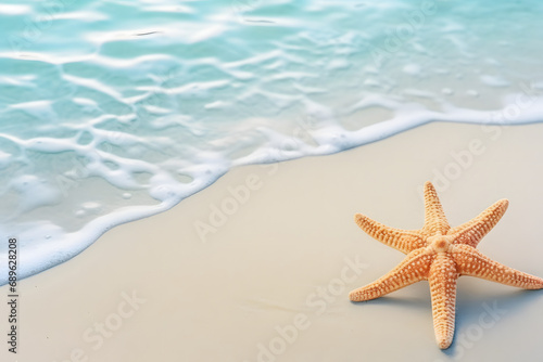 Starfish on the sand at beach. Summer holiday background.