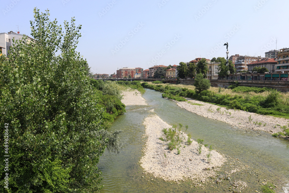 Parma River as it passes through the city of Parma in Italy