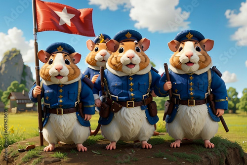 funny little army of guinea pigs dressed as soldiers in war gear lined up on a hill © Marino Bocelli