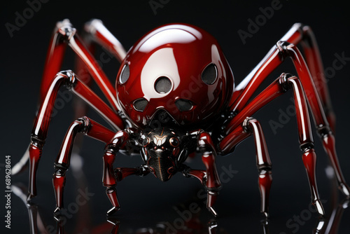 Artwork of a red liquid metal spider and white background. Generative AI.