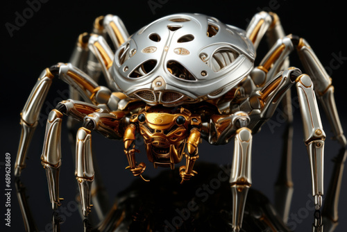 Artwork of a liquid metal spider and white background. Generative AI.