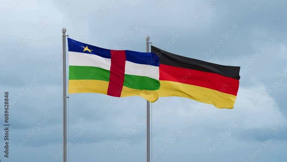 Germany flag and Central Africa flag waving together on cloudy sky, endless seamless loop, two country relations concept Germany flag and Central Africa flag waving together on cloudy sky, endless seamless loop, two country relations concept