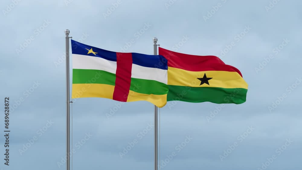 Ghana flag and Central Africa flag waving together on cloudy sky, endless seamless loop, two country relations concept Ghana flag and Central Africa flag waving together on cloudy sky, endless seamless loop, two country relations concept