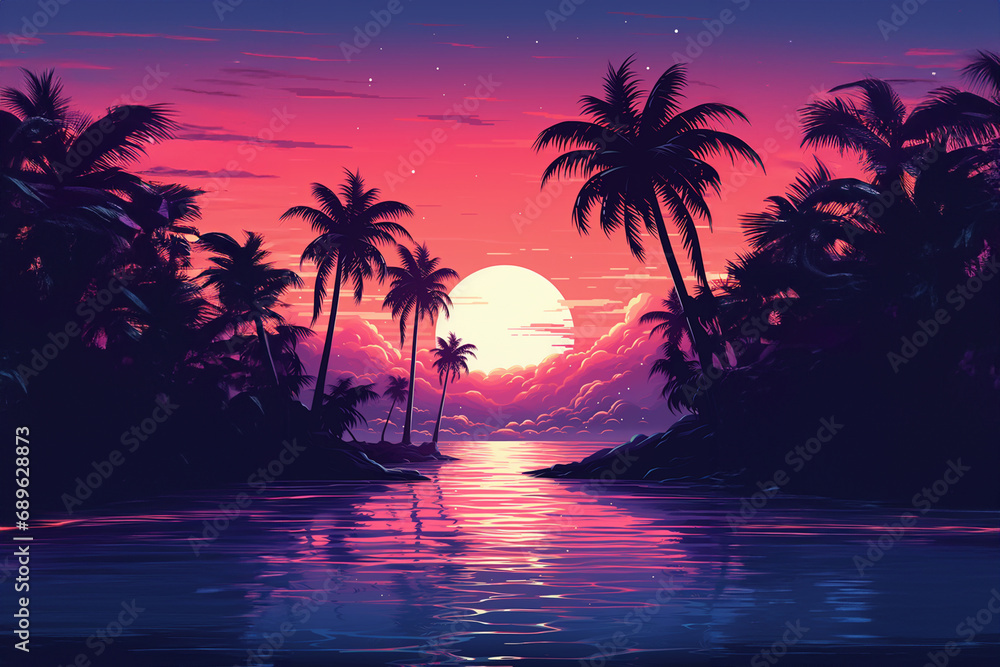 A pixel art illustration of a synthwave-inspired sunset, fusing retro aesthetics with electronic music vibes.