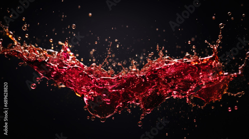 Splashes of red wine from dark-coloured grape varieties. Black background. Generative AI